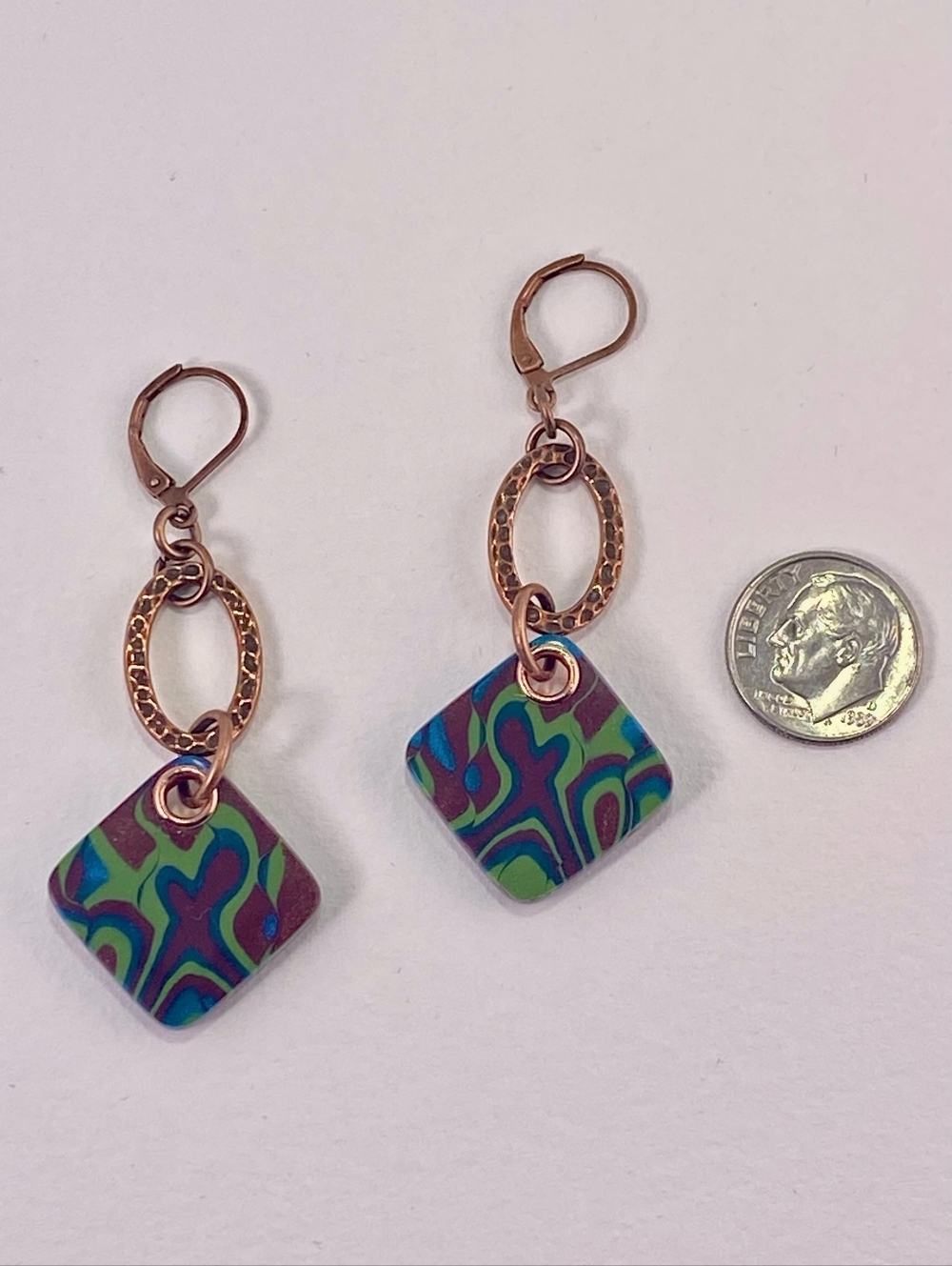 Handcrafted, Signed, Multicolor Square Drop Earrings 2 1/4" Nickel Free